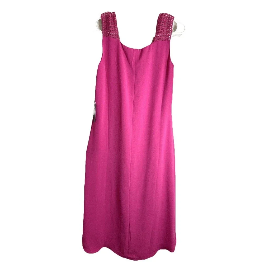 Adrianna Papell Bright Pink Midi Dress 8 Sleeveless Overlay Lace Strap Cocktail - Picture 3 of 10